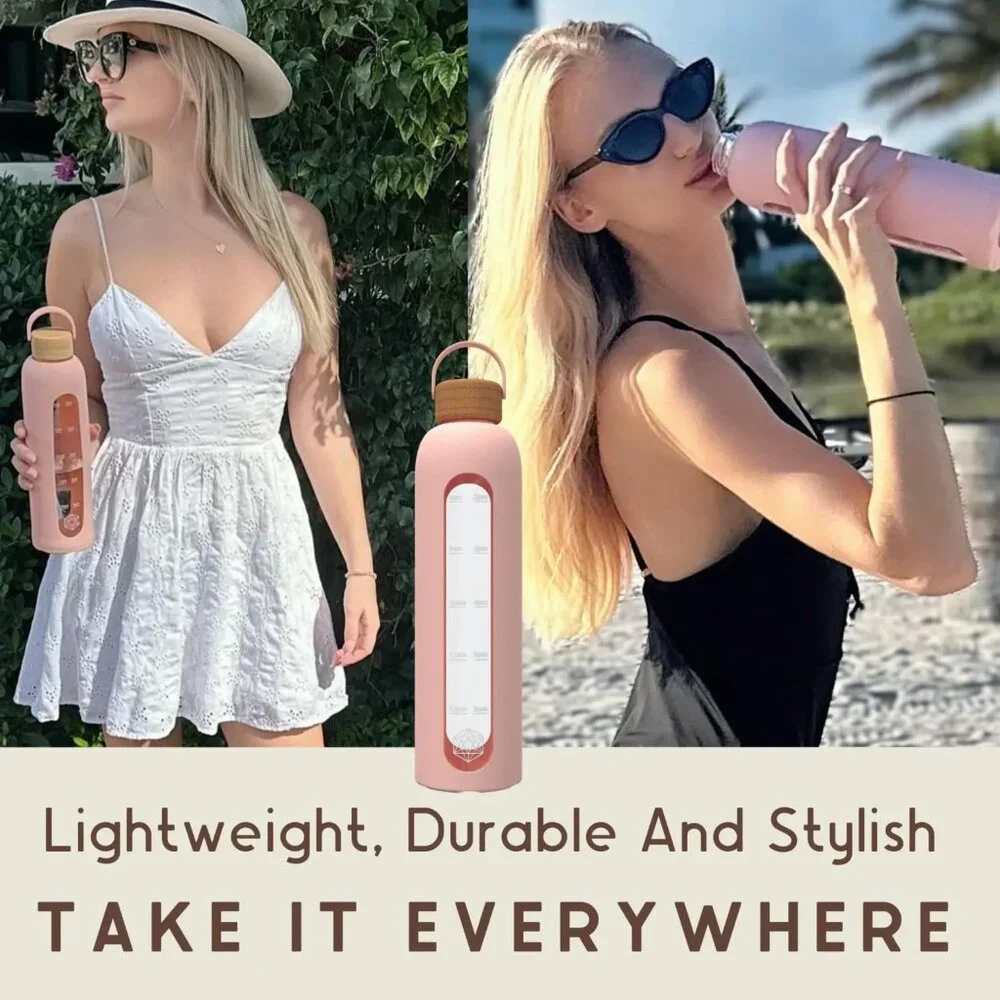 Glass Water Bottle With Time Marker and Silicone Sleeve, Dusty Rose Pink, 32oz